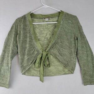 Intuitions Womens Green Silk Blend Knit Beaded Tie Front Shrug Cardigan M